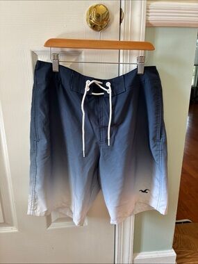 Hollister Men's Navy to White Ombre Swim Shorts with Drawstring